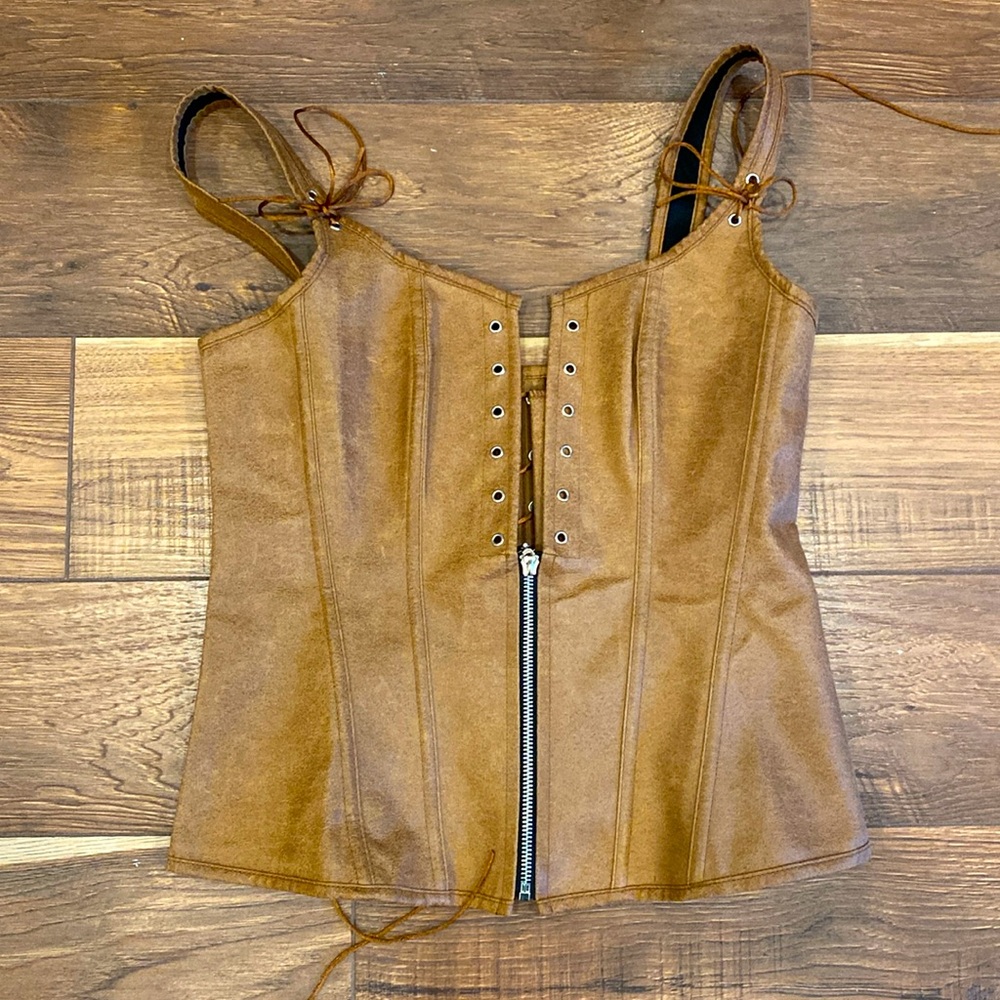 Faux Leather Brown Corset Waist Cinch Size Large Lace Up BS Lingerie Ren Faire